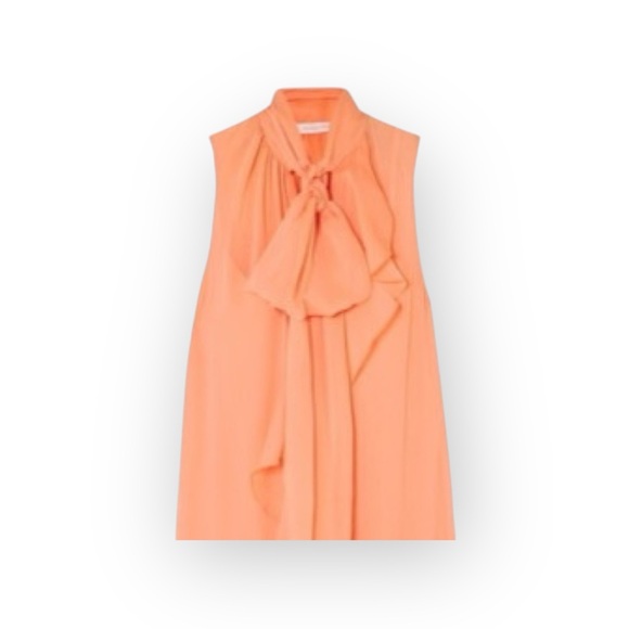 See by Chloe ༻ Pussy Bow Silk Crepe Crepon Sleeveless Top ༻Coral Pink Orange ༻ 6 - Picture 3 of 16